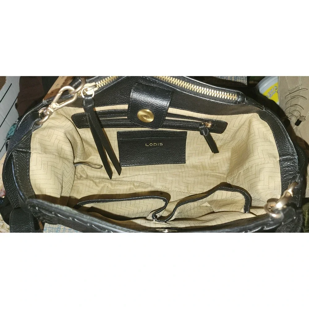 LODIS Genuine Leather Satchel Dome Crossbody Black Braided, Wallet & Dust Bag